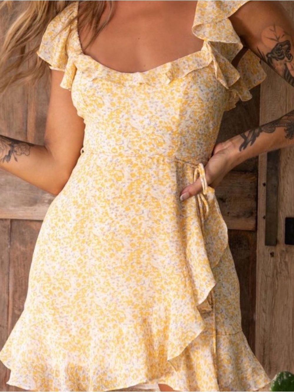 Hello MollyFloral Yellow Ruffle Wrap Dress